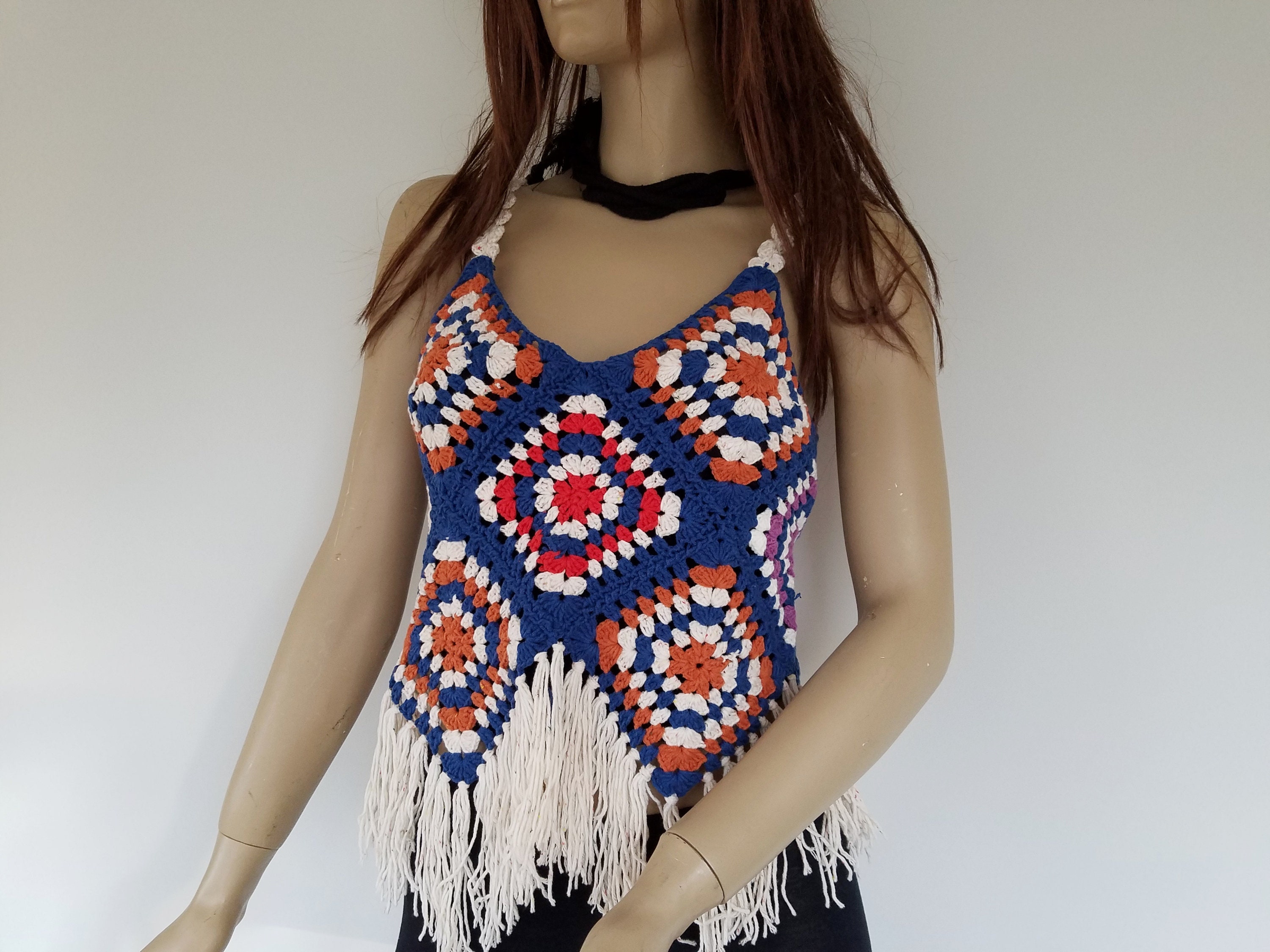 Granny Square Crochet Tank Top with Fringe Black White | Etsy