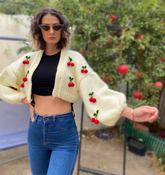 Cherry Knit Crop Cardigan: Balloon Sleeves, Unique Knitwear - Etsy