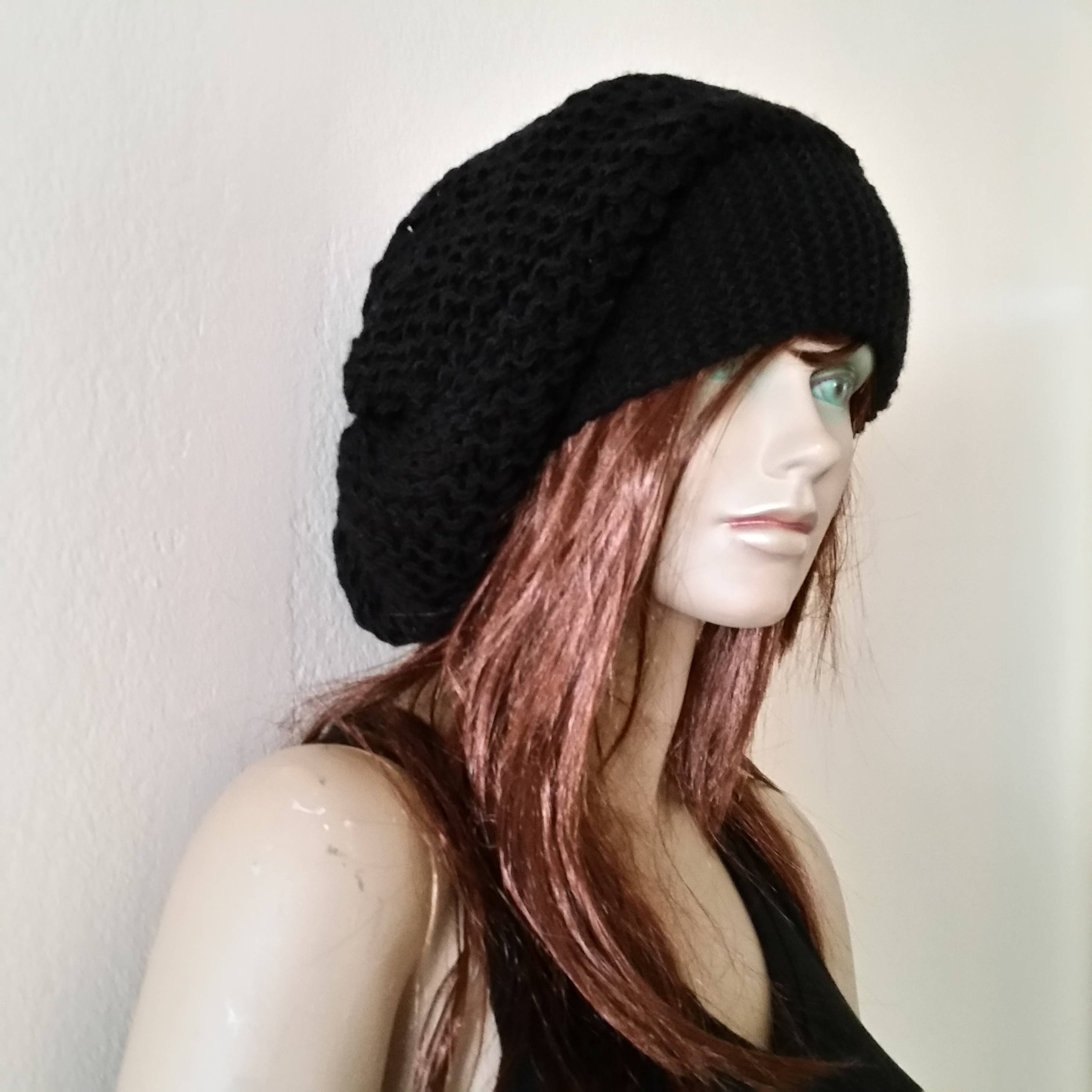Black Knit Hat Knitted Slouch Hat Chunky Slouchy Beanie Etsy