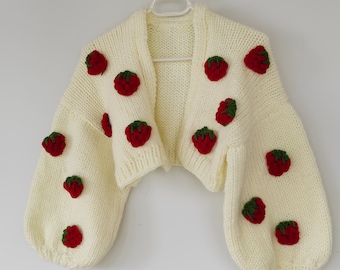 Handmade Strawberry Cardigan: Creamy White Chunky Knit Crop Sweater