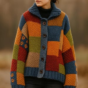 Color Block Knit Cardigan, Oversized Patchwork Sweater, Boho Button Coatigan, Chunky Festival Outerwear
