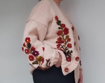 Wool Blend Floral Embroidered Cardigan – Handmade Oversized Boho Knit Sweater