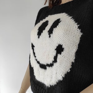 Hand Knitted Smiley Face Sweater Vest: Wool Blend Oversized Jumper