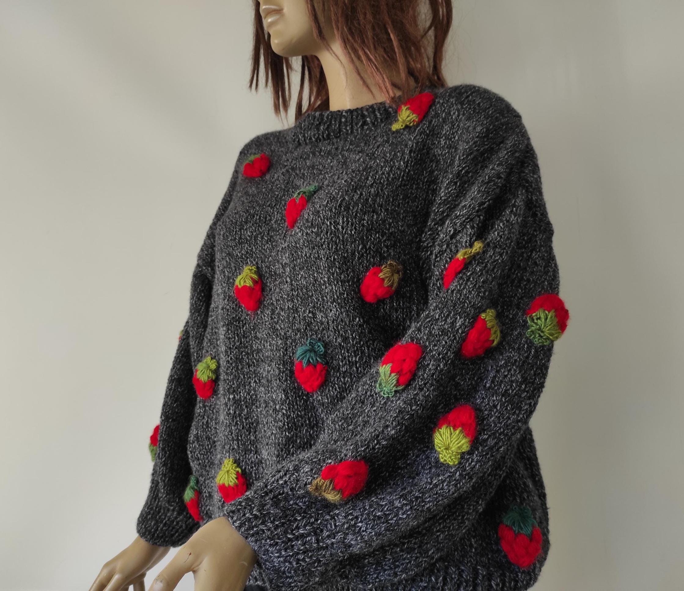 Hand-Knitted Chunky Strawberry Sweater: Embroidered Wool Blend Oversized Top