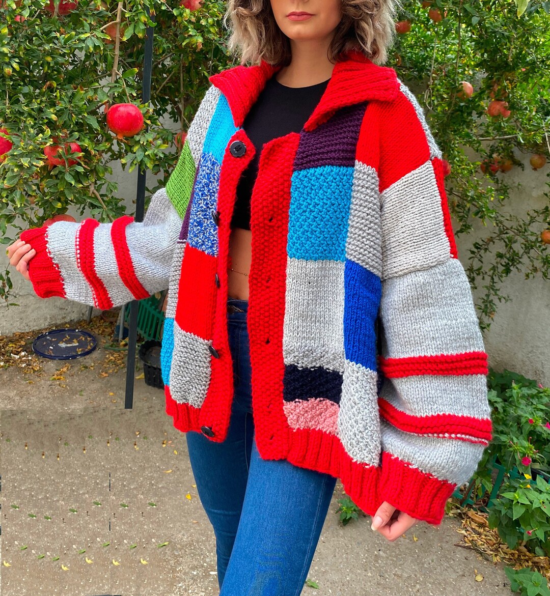 Hand Knit Patchwork Cardigan Oversized Bomber Style / Unisex Sweater Etsy
