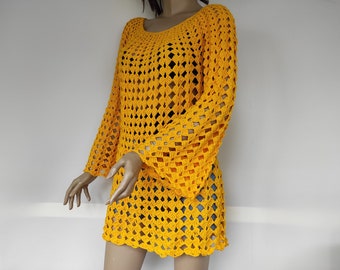 Long Sleeve Crochet Summer Dress, Boho Chic Beach Cover Up, Open Work Lace Top, Sunshine Yellow Clothing, Cotton Outerwear, Casual Outfit