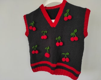 V Neck Cherry Vest Sweater in Black and Red Wool Blend, Hand Knit Garments, Crop Vest, Made to Order