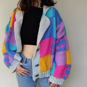 Patchwork Color-Block Cardigan – Oversized Hand-Knit Collared Button-Up Unisex Sweater, Statement Streetwear
