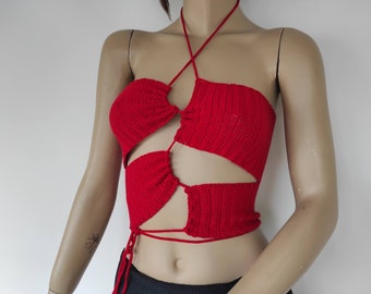 Red Cut Out Crochet Crop Top, Gift for Her