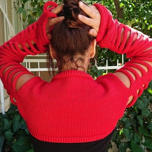 Cut Out Knit Shrug: Red Long Sleeve Bolero