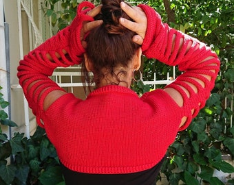 Cut Out knit shrug bolero long sleeves red women knitwear crop cardigan clothing gift for her