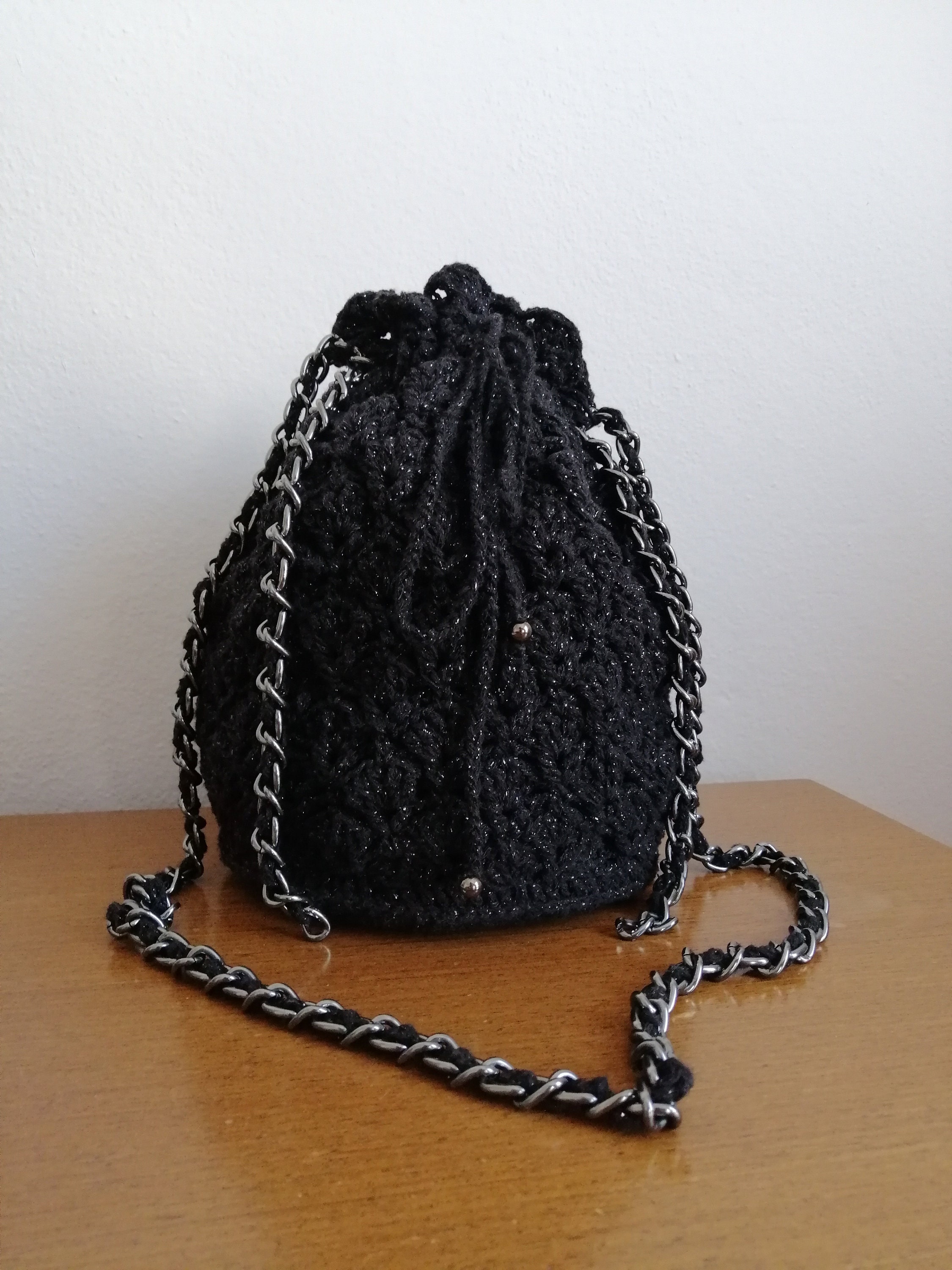 Crochet Bucket Bag Black Crochet Cross body Drawstring Tie Etsy
