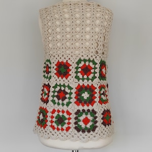 Handmade Crochet Granny Square Vest: Boho 70s Style Cotton Sweater