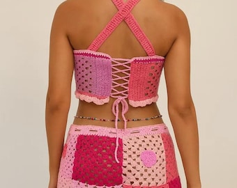 Boho Crochet Halter Top & Skirt Set: Pink Granny Square Festival Outfit