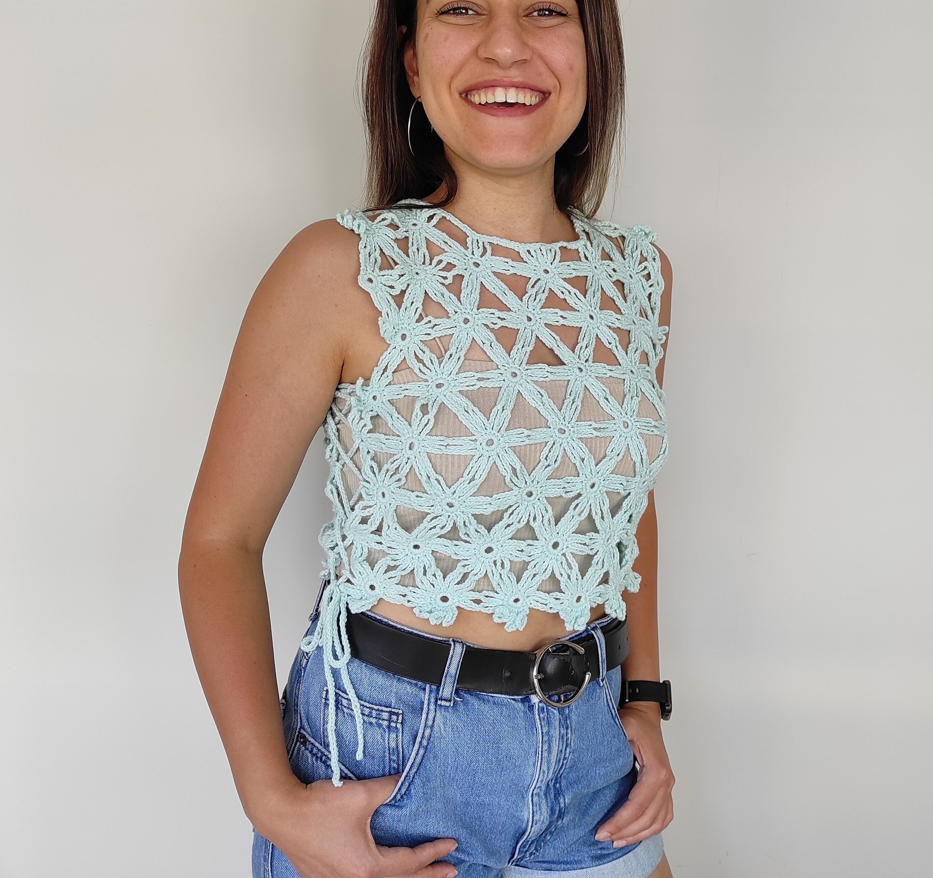 Crochet Mesh Top Star Flowers, See Through Cropped Top With Side String, Handmade Sweater, Knitted Vest, Cotton Beachwear, Gift for Her - Etsy Crochet Mesh Top Star Flowers, See Through Cropped Top With Side String, Handmade Sweater, Knitted Vest, Cotton Beachwear, Gift for Her - Etsy