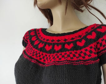 Heart Crop Top, Red & Black Yoke Sweater Pullover, Fair Isle Knit Pattern, Short Sleeve Top, Women Knitwear, Gift for Her