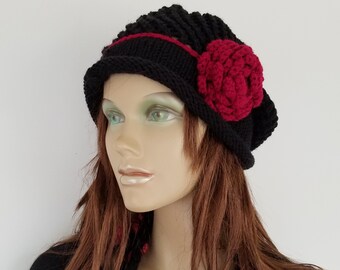 Black Knit Hat with Red Flower on Side, Unique Gifts for Women, Fancy Hat, Knitted Accessories