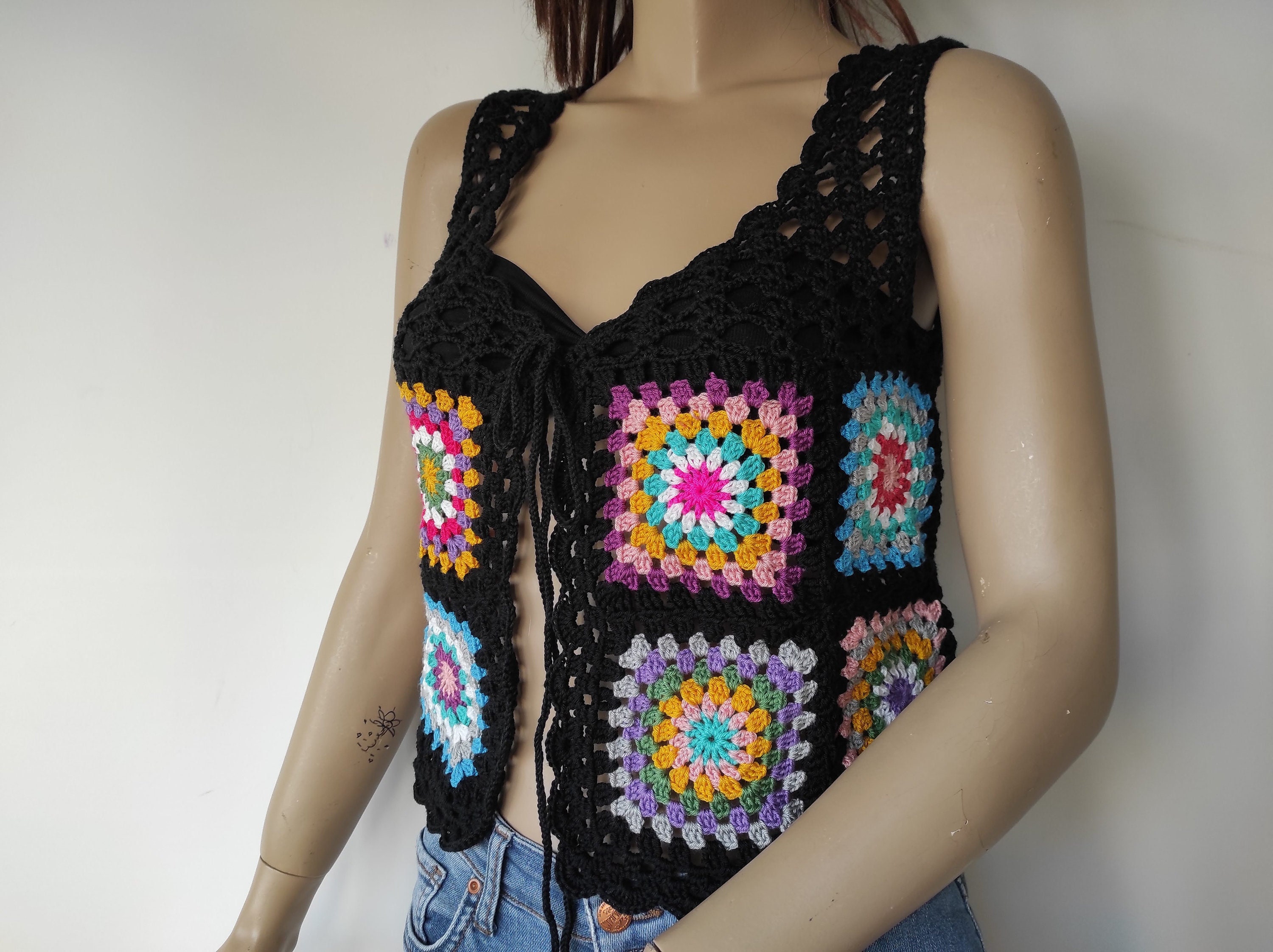 Boho Crochet Vest in Colorful Granny Squares, Women Knitwear, Granny Square Vest, Gift for Her, Boho Mom Gift, Handmade