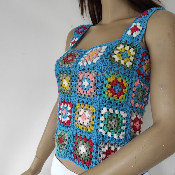 Granny Square Crochet Tank Top | Patchwork Sweater Blouse | Women Knitwear | Handmade Tops  | XS - 5X