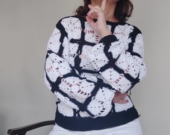 Granny Square Pullover Sweater, Black White Top, Long Sleeve Crochet Top