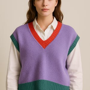 Hand Knit Wool Sweater Vest: Color Block V-Neck
