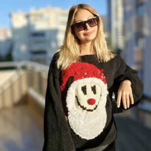 Handmade Knit Christmas Sweater: Smiley Santa Sequin Hat