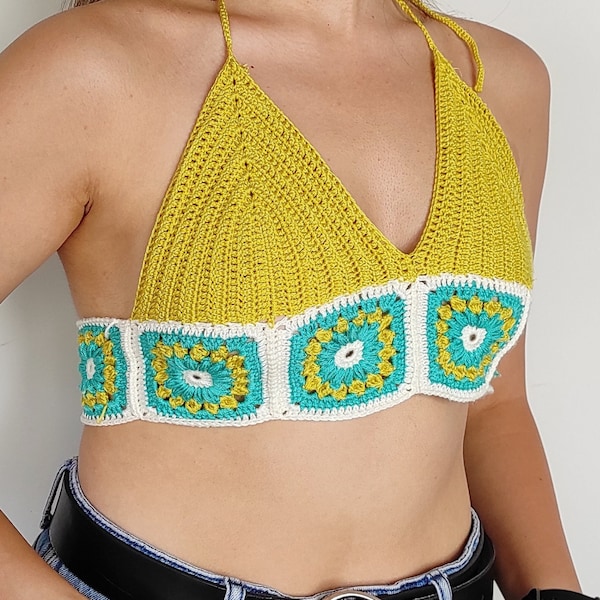 Crochet Crop top Granny Square Bralette for Summer Outdoors Handmade Clothing Gift for Her Fashion Wear Crochet Bra Top, Valentines Day Gift