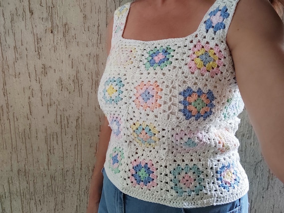 Granny Square Cotton Top, Pastel Cotton Colors, Crochet Tank Top, Square  Neck Top, Summer Knitwear, Festival Top, Patchwork, Gift for Women -   Israel