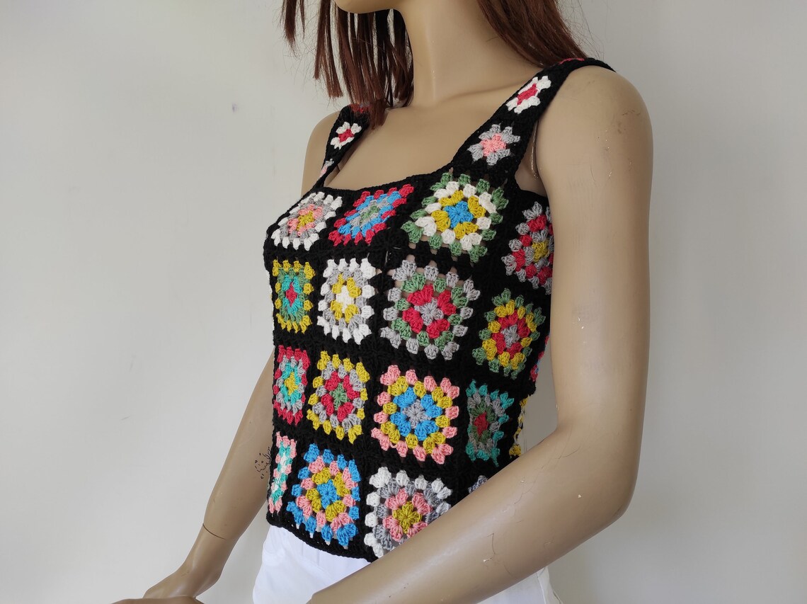 Granny Square Crochet Top Patchwork Tank Top Square Neck Etsy