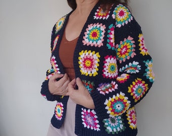 Granny Square Crochet Cardigan, Afghan Jacket, Crochet Boho Cardigan, Cotton Sweater, Handmade Clothing Multicolor