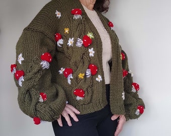 Mushroom Knit Cardigan - Handmade Sweater - Fancy Clothes - Vegetable Embellished Clothing