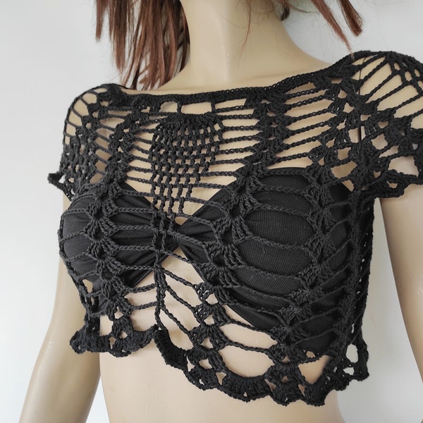 Black Crochet Lace Top, Cropped Cotton Sweater, Handmade Clothing, See Through Festival Top, Women Knitwear