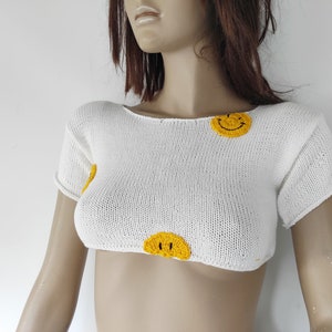 Smiley Face Micro Crop Top in Ecru White Cotton Blend, Summer Sexy Under bust Sweater Short Sleeve, Emoji Party, Gift for Girls Women