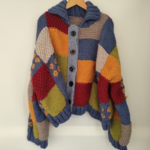 Cárdigan de patchwork extragrande: suéter de punto de mezcla de lana gruesa, unisex, mangas extralargas