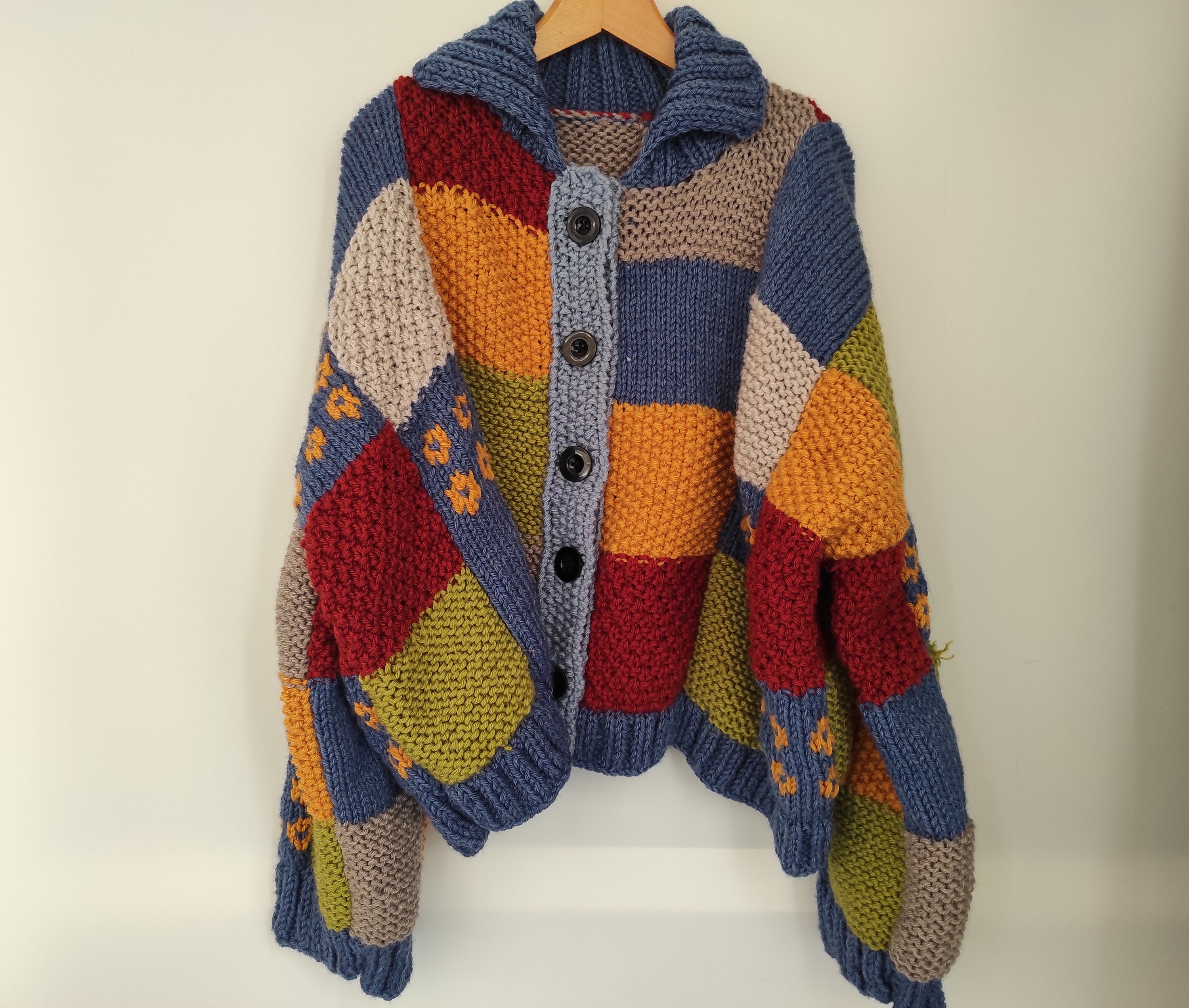 Patchwork Knit Cardigan, Autumn Clothing, Plus Size Wool