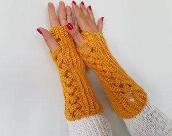 Fingerless Gloves in Wool Mustard, Crochet Fingerless Mittens, Woman Accessories