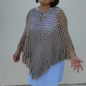 Open Work Crochet Poncho: Handmade Acrylic Fringe Shawl