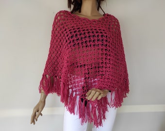 Rosa Häkelponcho, Open Work Poncho, Netzponcho, Häkelbekleidung für Damen, handgestrickter Poncho