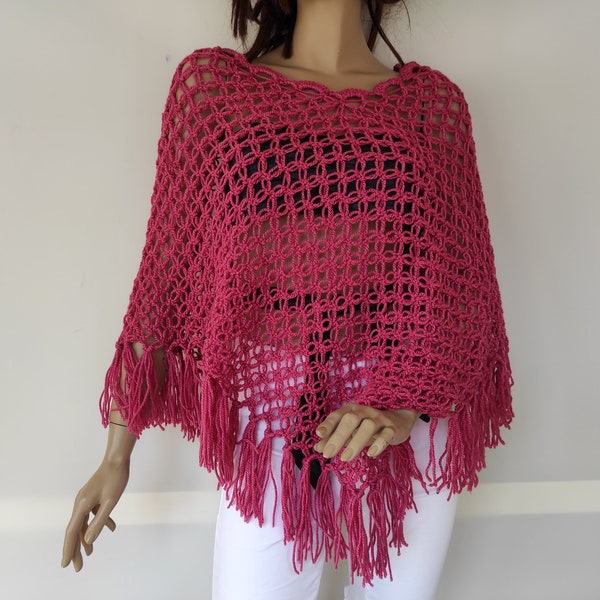 Pink Crochet Poncho, Open Work Poncho, Fishnet Poncho, Women Crochet Wear, Hand Knit Poncho