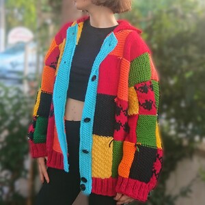Harry Styles Inspired Cardigan: Chunky Wool-Blend Knit, Oversized Bomber, Button-Up Patchwork