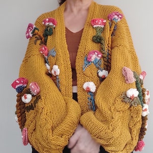 Mushroom Bloom Cardigan | Hand Knit Embroidery Sweater | Oversized Jumper | Mustard Color Outfit | Fall Outdoors|Unique Gifts|Women Knitwear