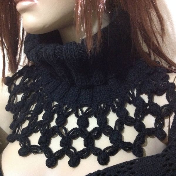 Black Neck Warmer High Neck Cowl Knitted Neck Wrap Ribbon Knit Neck Warmer Scarf Fringed Knit Scarf Warm Gift Black Cowl Sister Gift
