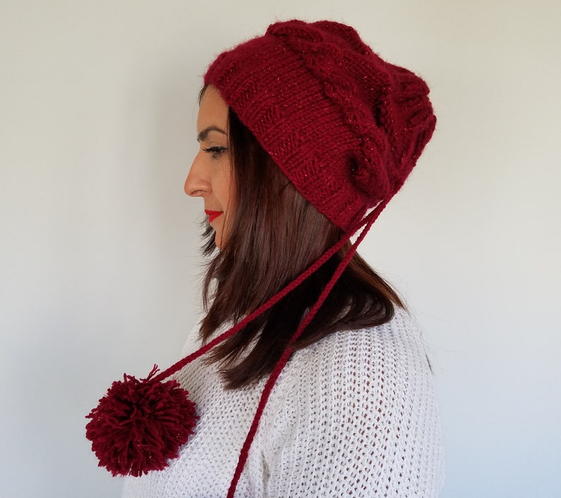 Red Cable Knit Pom Pom Hat Slouchy Beanie Women Dark Red Etsy