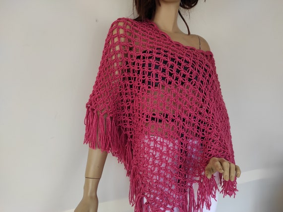 Poncho de ganchillo rosa Poncho de trabajo abierto Poncho de red