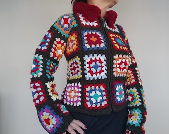 Crochet Afghan Sweater with Fur Yarn Collar, Granny Square Cardigan, Colorful Patchwork Jacket, Merino Wool Sweater, Multicolor Knitted Top