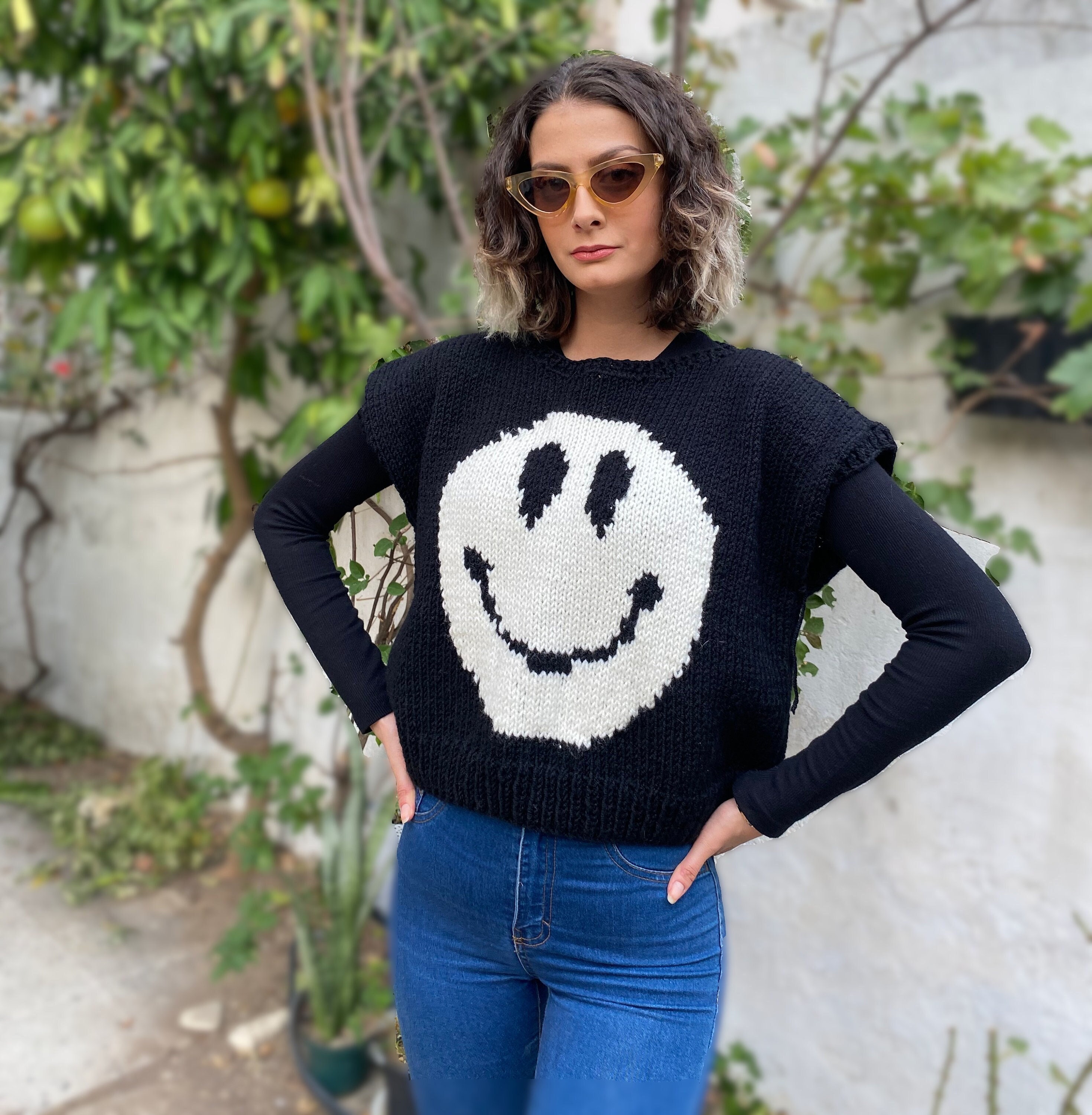 Knitted Smiley Face Vest Oversized 