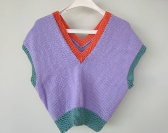 Multi Color Sweater Vest for Women Color Block Oversized V-Neck Drop Shoulder lavender, purple, green, orange, made to order