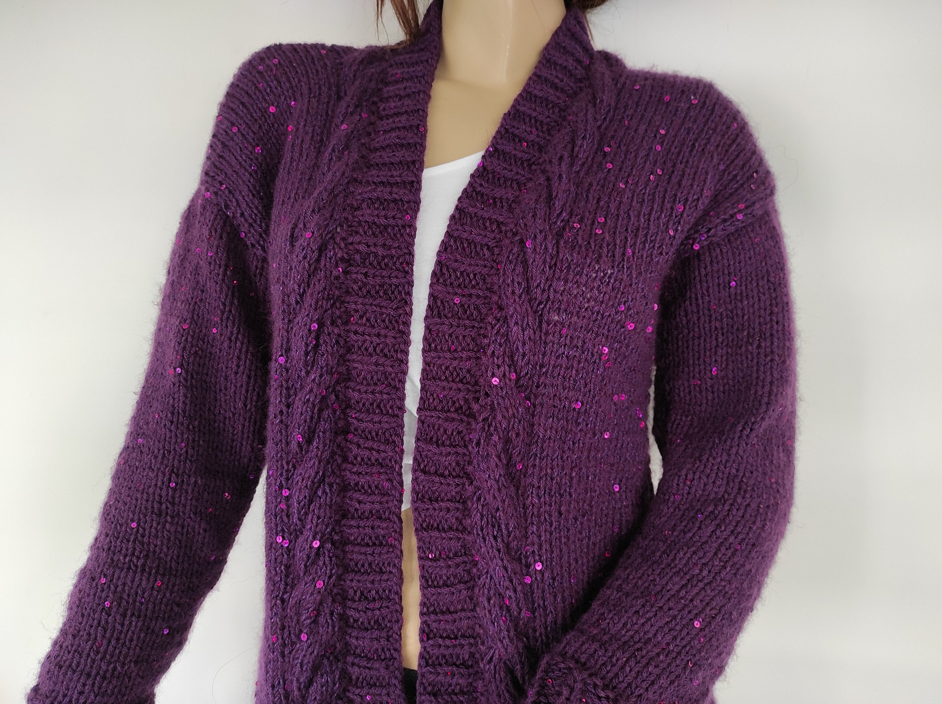 Cable Knit Cardigan, Open Front Sweater, Hand Knit Jacket, Purple