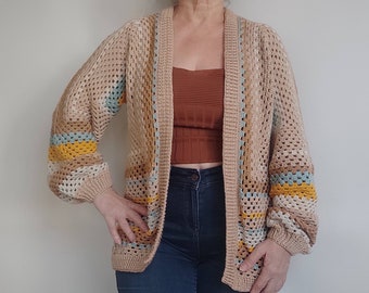 Crochet Hexagon Cardigan, Open Front Multicolor Jacket, Knitted Garment, Handmade Sweater, Colorful Clothing, Vintage Inspired Outfit Women