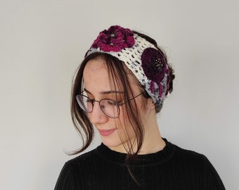 Crochet Flower Headband Ear Warmer Beaded, Bohemian Hair Wrap, Purple Hair Accessories, Hand Knit hair Accents, Chunky Hair wrap
